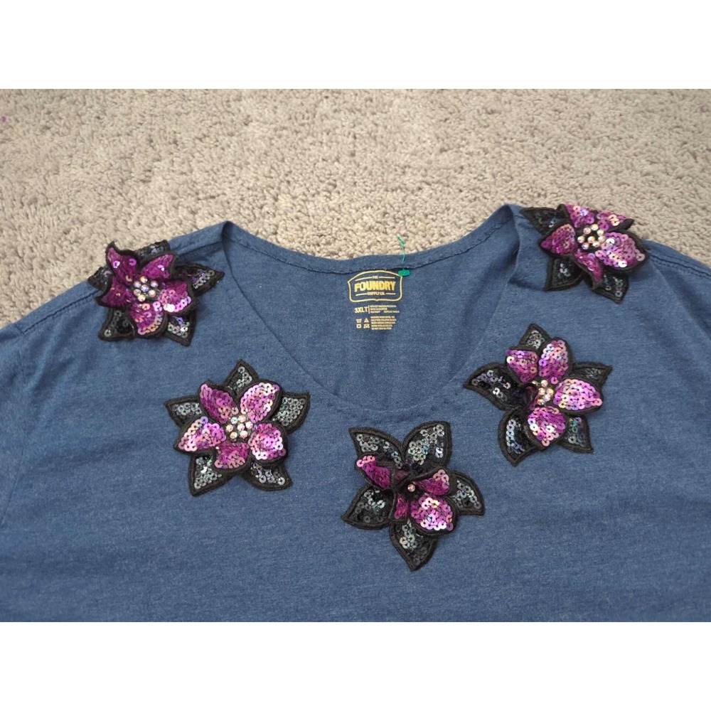 The Foundry Shirt Womens 3XLT TALL Blue Flower Sequin Short Sleeve Cotton Blend - Picture 2 of 6